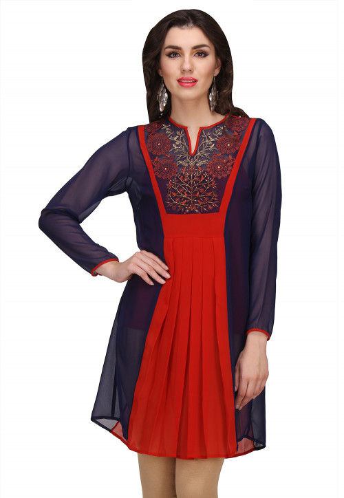 Embroidered Georgette Tunic in Rust and Navy Blue