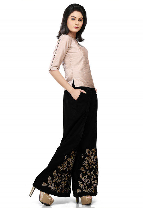 Embroidered Velvet Palazzo in Black