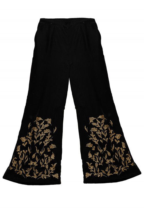 Embroidered Velvet Palazzo in Black