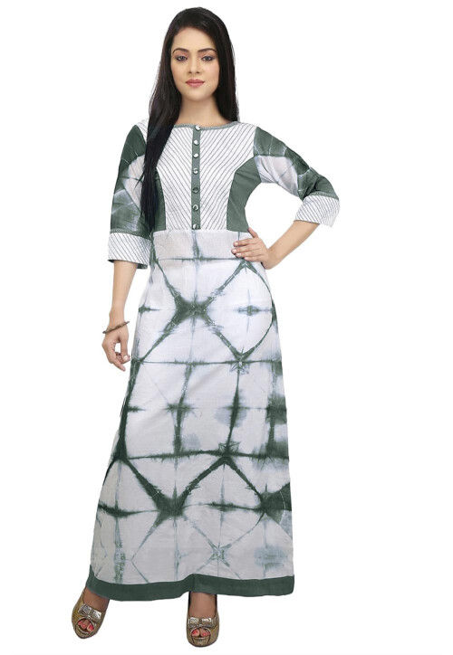 Tie Dye Cotton Long Kurta in White and Grey