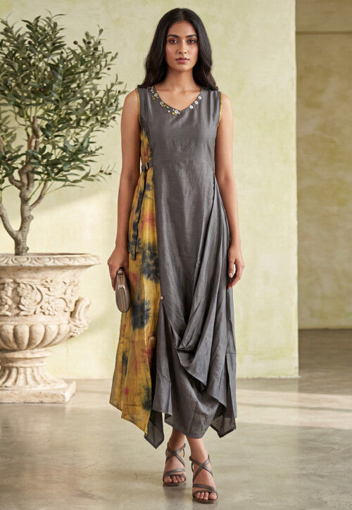 grey tie dye dress Printed Chanderi Cotton Asymmetric in Midi dress