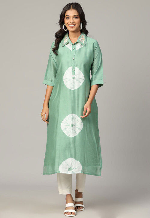 Tie Dye Printed Chanderi Silk Straight Kurta in Light Green