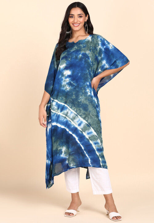 Tie Dye Printed Crepe Kaftan in Blue and Green