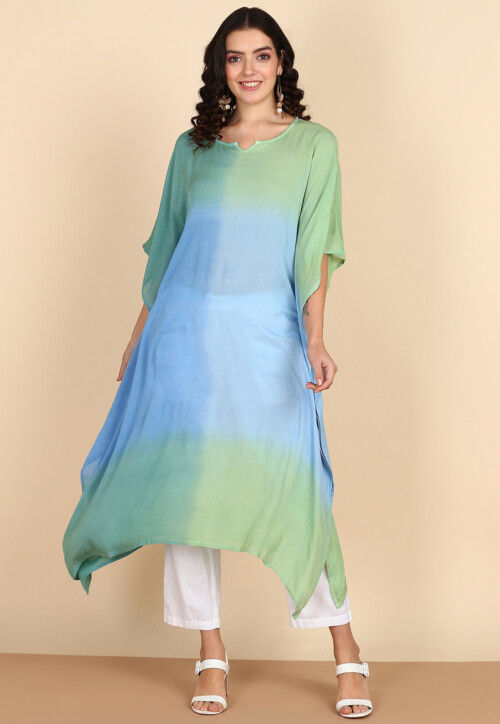 Tie Dye Printed Crepe Kaftan in Blue and Light Green