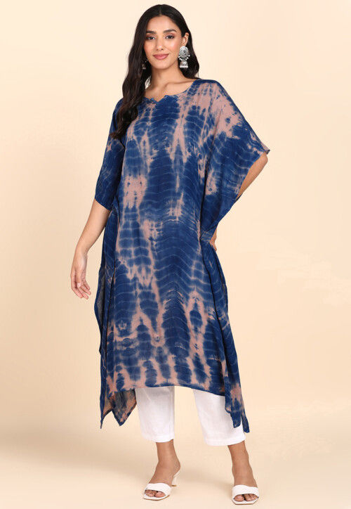 Tie Dye Printed Crepe Kaftan in Blue