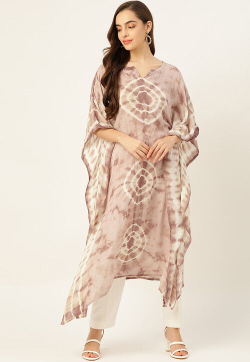 Tie Dye Printed Crepe Kaftan in Fawn