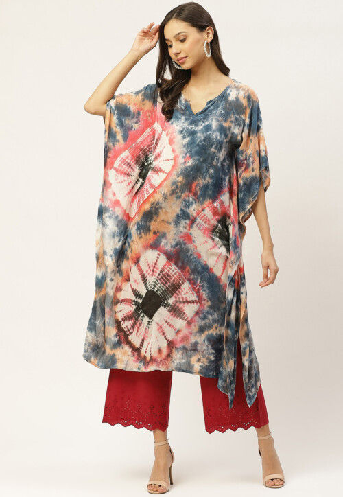 Tie Dye Printed Crepe Kaftan in Grey and Multicolor