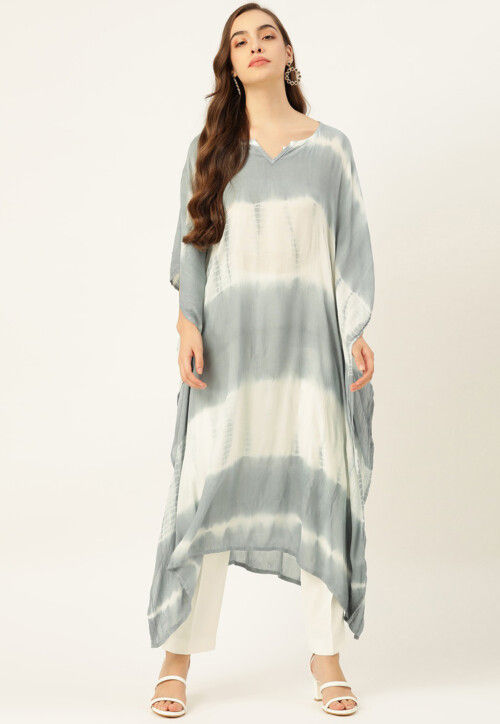 Tie Dye Printed Crepe Kaftan in Grey and White