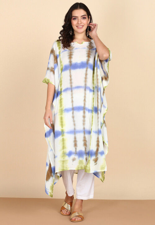 Tie Dye Printed Crepe Kaftan in Off White