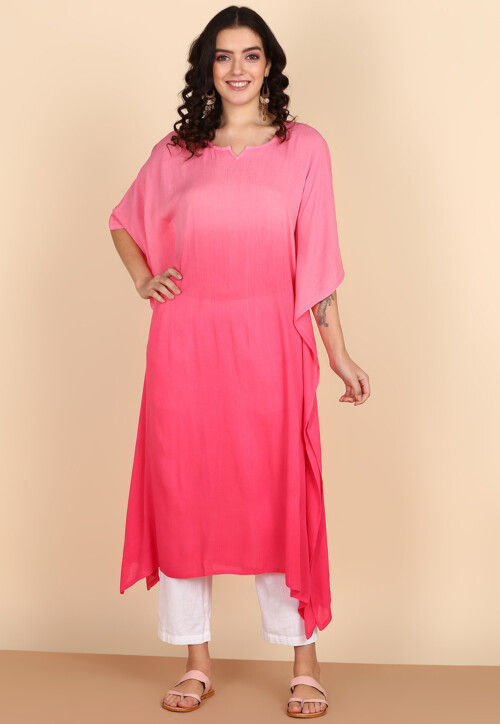 Tie Dye Printed Crepe Kaftan in Ombre Pink
