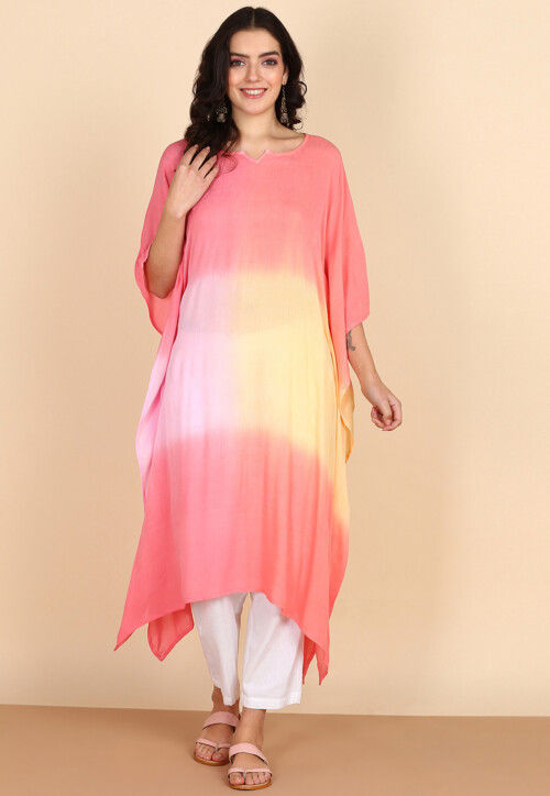Tie Dye Printed Crepe Kaftan in Pink and Yellow