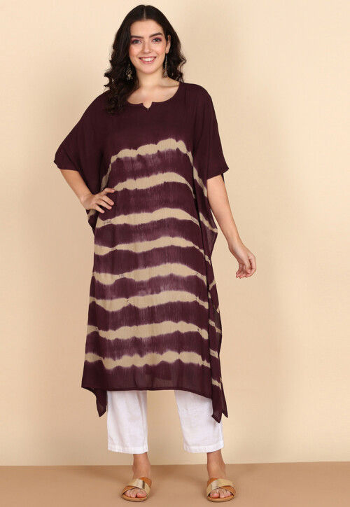Tie Dye Printed Crepe Kaftan in Wine