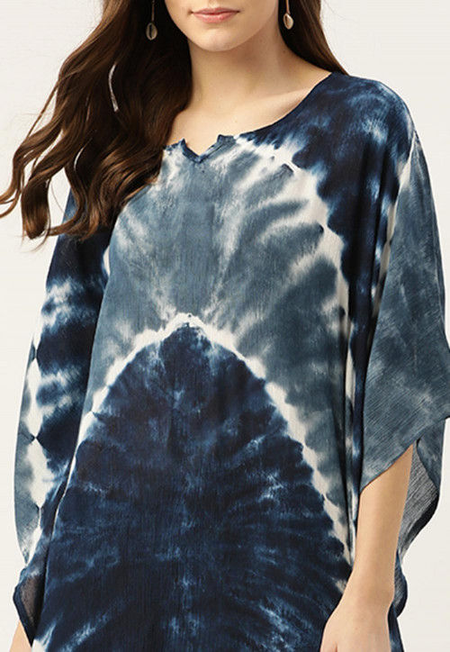 Tie Dye Printed Crushed Rayon Kaftan in Dark Blue and Grey