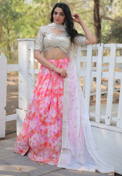Tie Dye Printed Georgette Lehenga in Pink