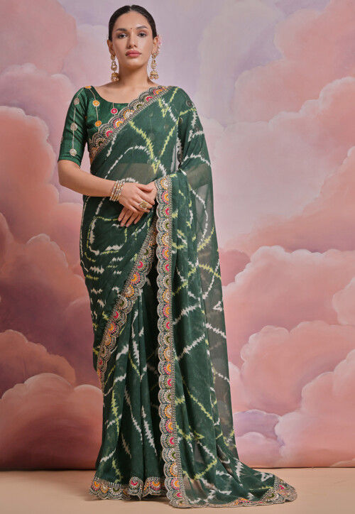 Tie Dye Printed Georgette Scalloped Saree in Dark Green