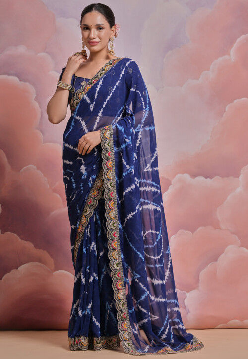Tie Dye Printed Georgette Scalloped Saree in Navy Blue