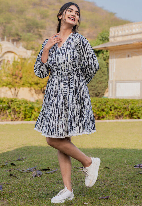 Tie Dye printed Pure Cotton Aline Dress in Black and White