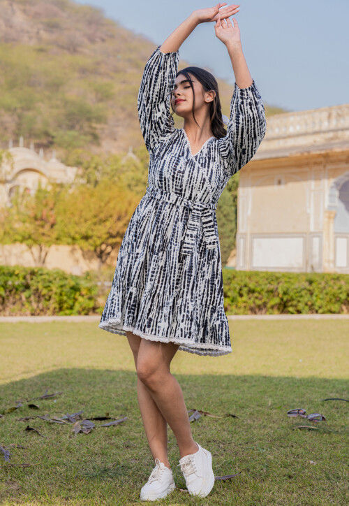 Tie Dye printed Pure Cotton Aline Dress in Black and White