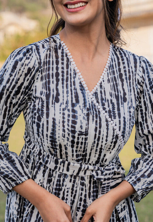 Tie Dye printed Pure Cotton Aline Dress in Black and White