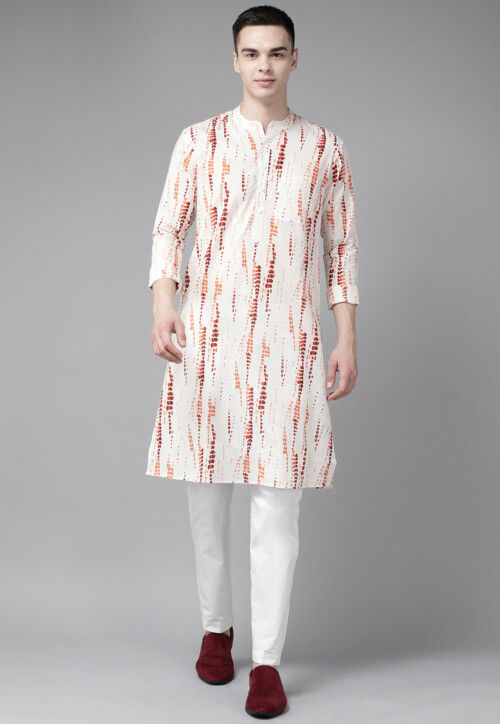 Tie Dye Printed Pure Cotton Kurta Set in Off White