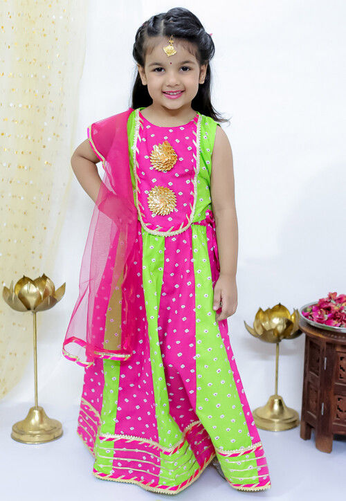 Tie Dye Printed Pure Cotton Lehenga in Light Green and Fuchsia
