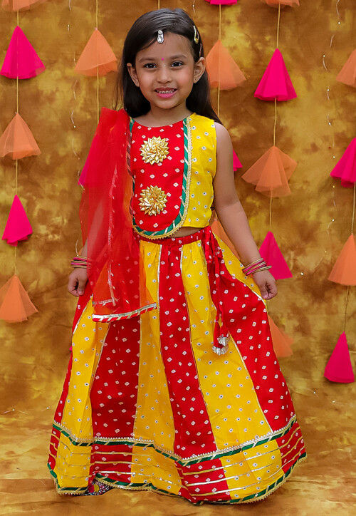 Tie Dye Printed Pure Cotton Lehenga in Yellow and Red