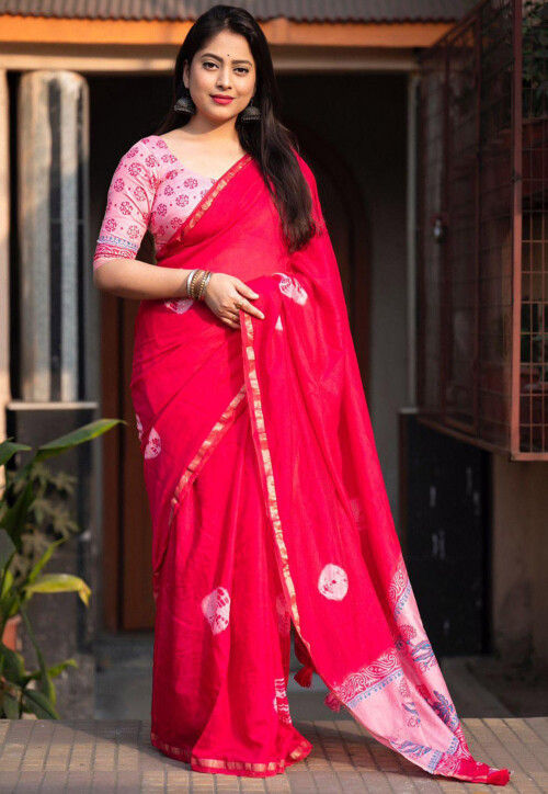 Tie Dye Printed Pure Cotton Saree in Fuchsia