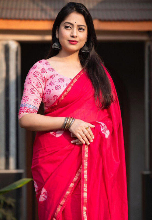 Tie Dye Printed Pure Cotton Saree in Fuchsia