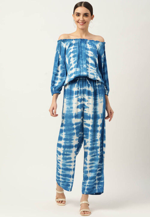 Tie Dye Printed Viscose Rayon Co Ord Set in Blue and White