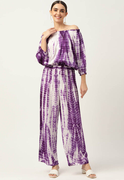 Tie Dye Printed Viscose Rayon Co Ord Set in Purple and White