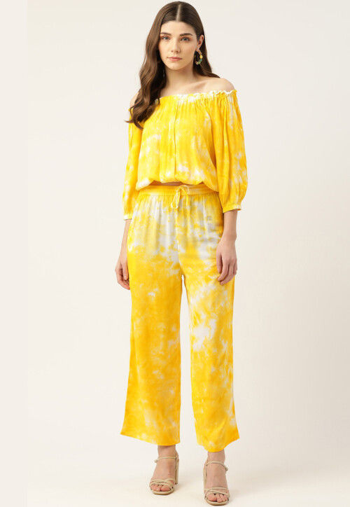 Tie Dye Printed Viscose Rayon Co Ord Set in Yellow