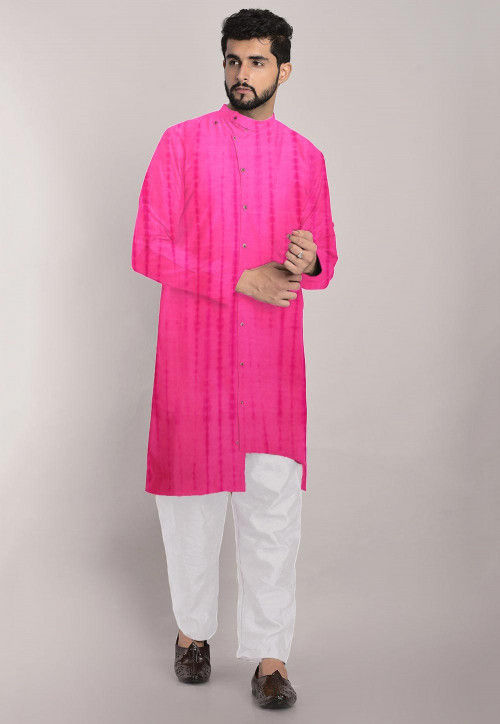 Tie Dye Pure Silk Front Open Asymmetric Kurta Set in Pink