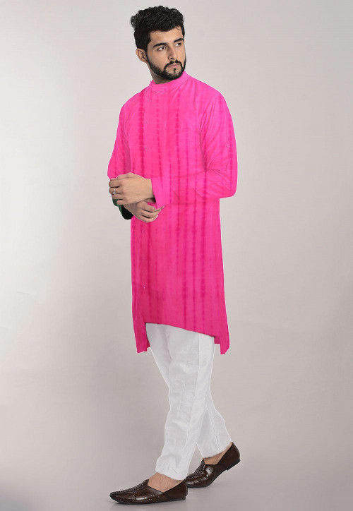 Tie Dye Pure Silk Front Open Asymmetric Kurta Set in Pink