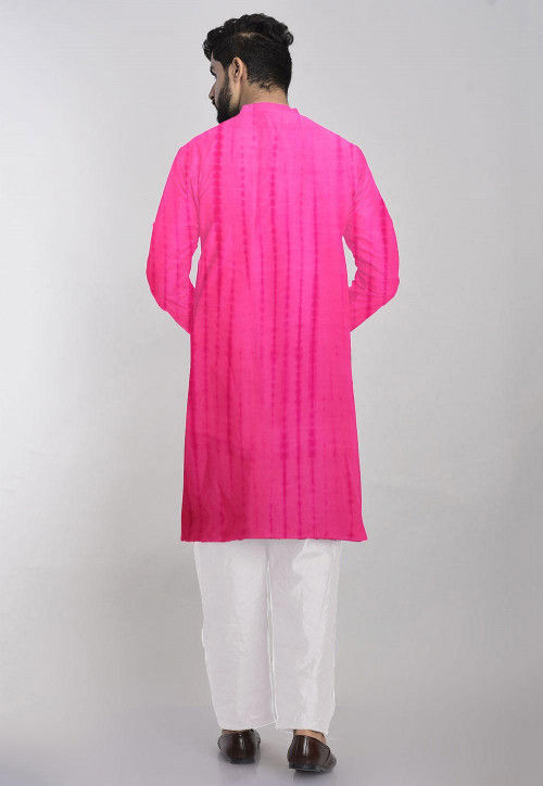 Tie Dye Pure Silk Front Open Asymmetric Kurta Set in Pink