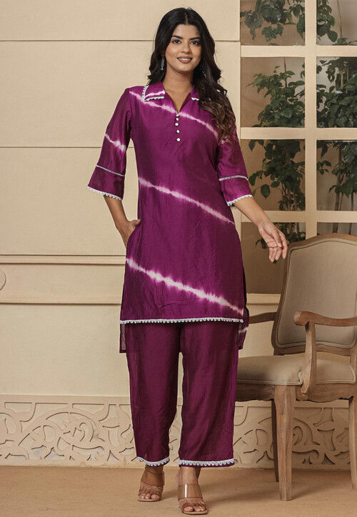 Tie Dyed Chanderi Silk High Low Tunic Set in Dark Purple