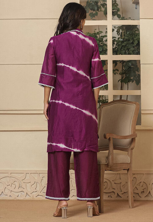 Tie Dyed Chanderi Silk High Low Tunic Set in Dark Purple