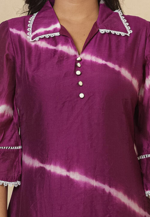 Tie Dyed Chanderi Silk High Low Tunic Set in Dark Purple