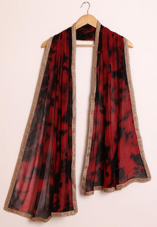Tie Dyed Chiffon Dupatta In Red And Black Bnj575