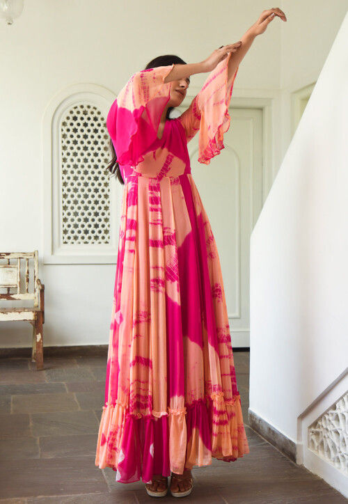 Tie Dyed Chiffon Gown in Peach and Fuchsia