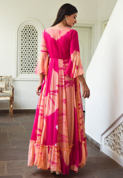 Tie Dyed Chiffon Gown in Peach and Fuchsia