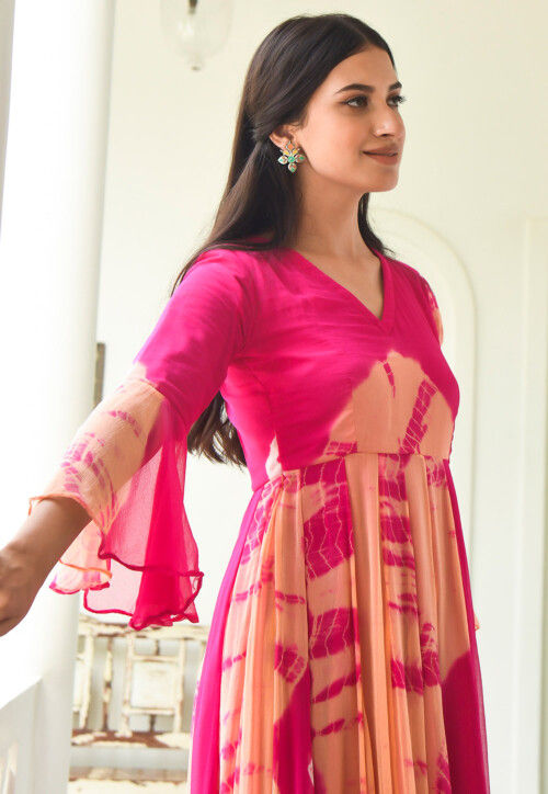 Tie Dyed Chiffon Gown in Peach and Fuchsia