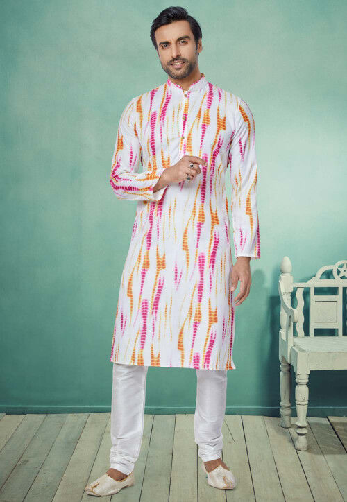 Tie Dyed Cotton Kurta Set in White