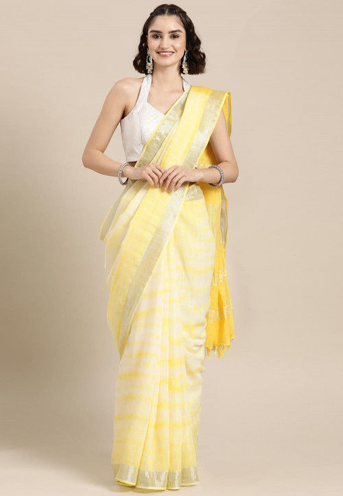 Pre-stitched White and Yellow Digital Print Organza Saree and Blouse (Set)  | Organza Digital Print Saree | Mann Sey