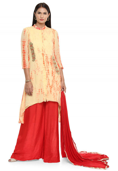 Tie Dyed Georgette Pakistani Suit in Beige