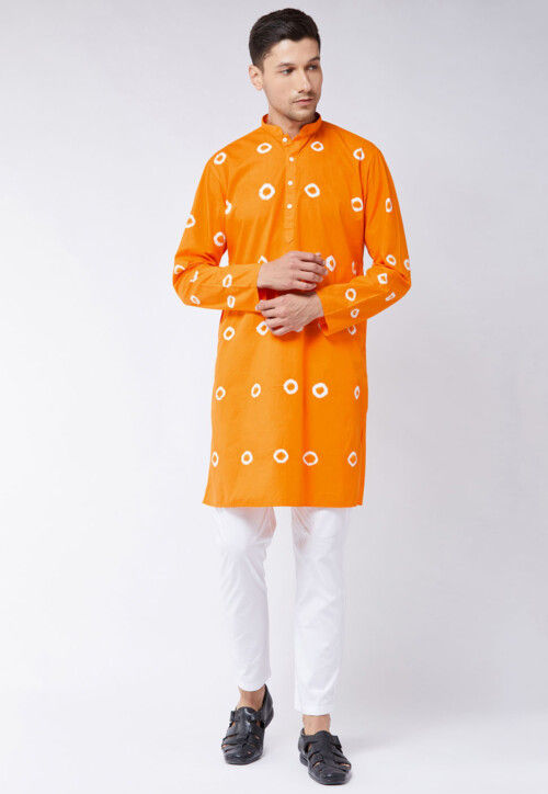 Tie Dyed Pure Cotton Kurta Set in Orange