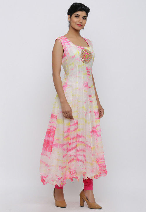 Tie Dyed Pure Kota Silk Anarkali Kurta Set in Off White and Pink
