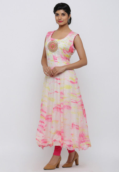 Tie Dyed Pure Kota Silk Anarkali Kurta Set in Off White and Pink