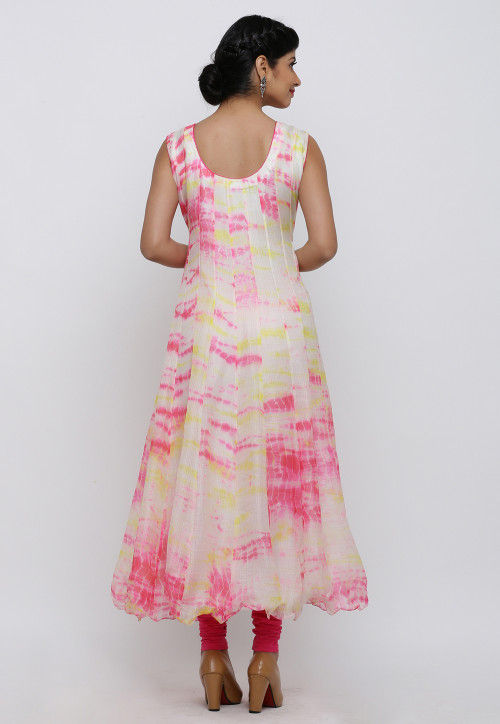 Tie Dyed Pure Kota Silk Anarkali Kurta Set in Off White and Pink