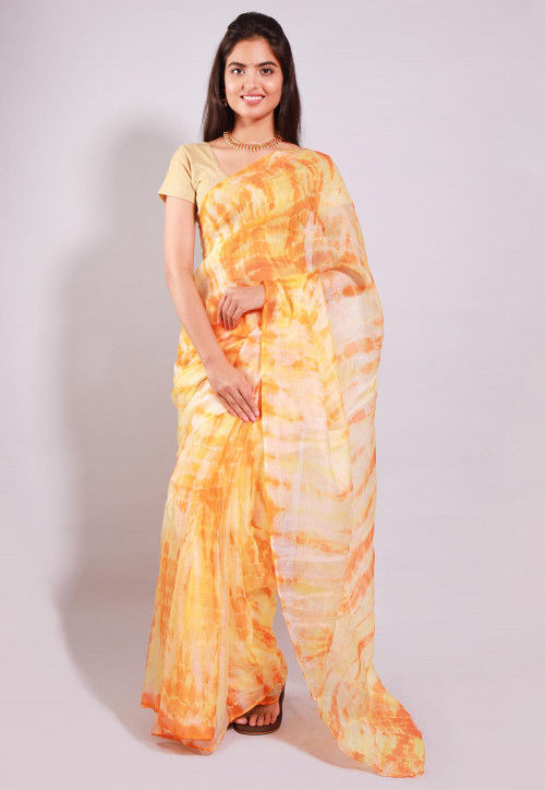 Vintage Sari 100% Pure Crepe Silk Orange Sarees Hand Beaded Tie-Dye Fabric