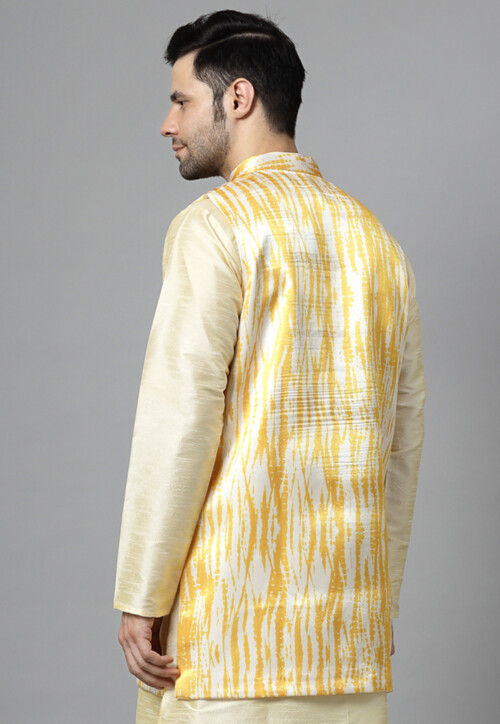 Buy Tie Dyed Satin Nehru Jacket in Off White and yellow Online